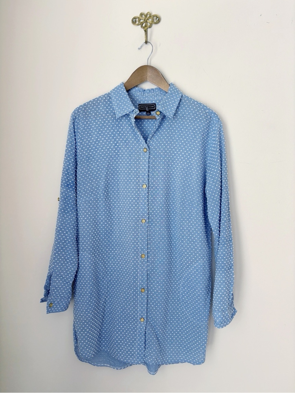 Duffield Lane Blue Swiss Dot Button Front Tunic Top Large